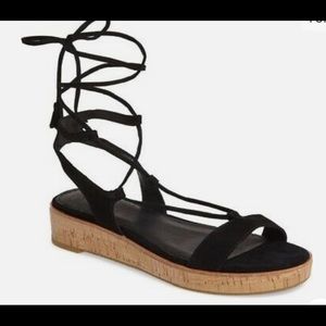 FRYE Miranda Gladiator Black Suede Cork Flat Sandals 8M